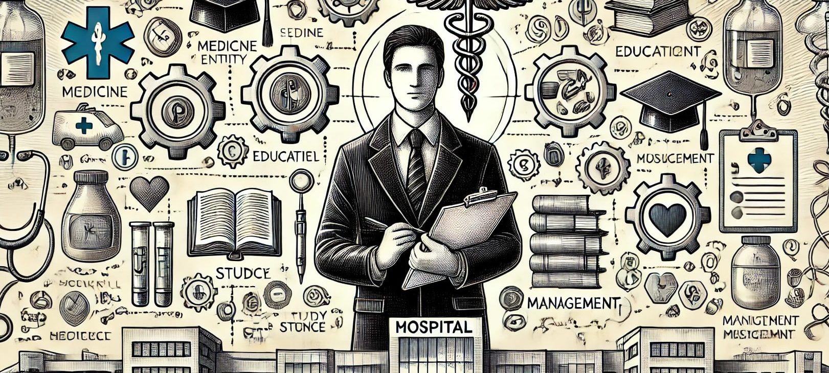 Grafika przedstawiająca zarządzanie podmiotem medycznym. W centralnej części znajduje się mężczyzna w garniturze. Otaczają go różne symbole medyczne i edukacyjne, symbolizujące zarządzanie. W tle widoczny jest budynek szpitala, a na pierwszym planie ikony symbolizujące różne oddziały medyczne i dziedziny studiów.