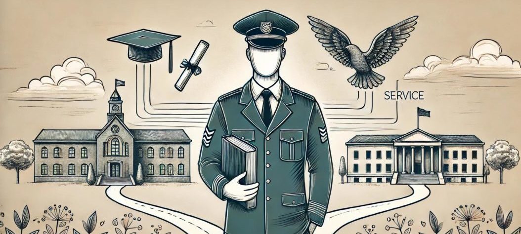Osoba w mundurze policyjnym lub wojskowym trzymająca książkę i dyplom, symbolizująca połączenie kariery mundurowej z rozwojem akademickim 
