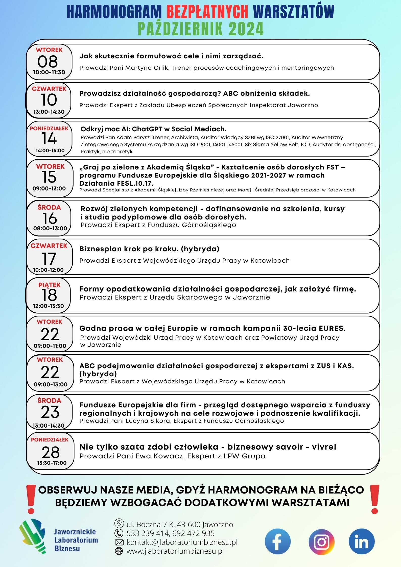 Harmonogram bezpłatnych warsztatów Październik 2024 - Jaworznickie Laboratorium Biznesu