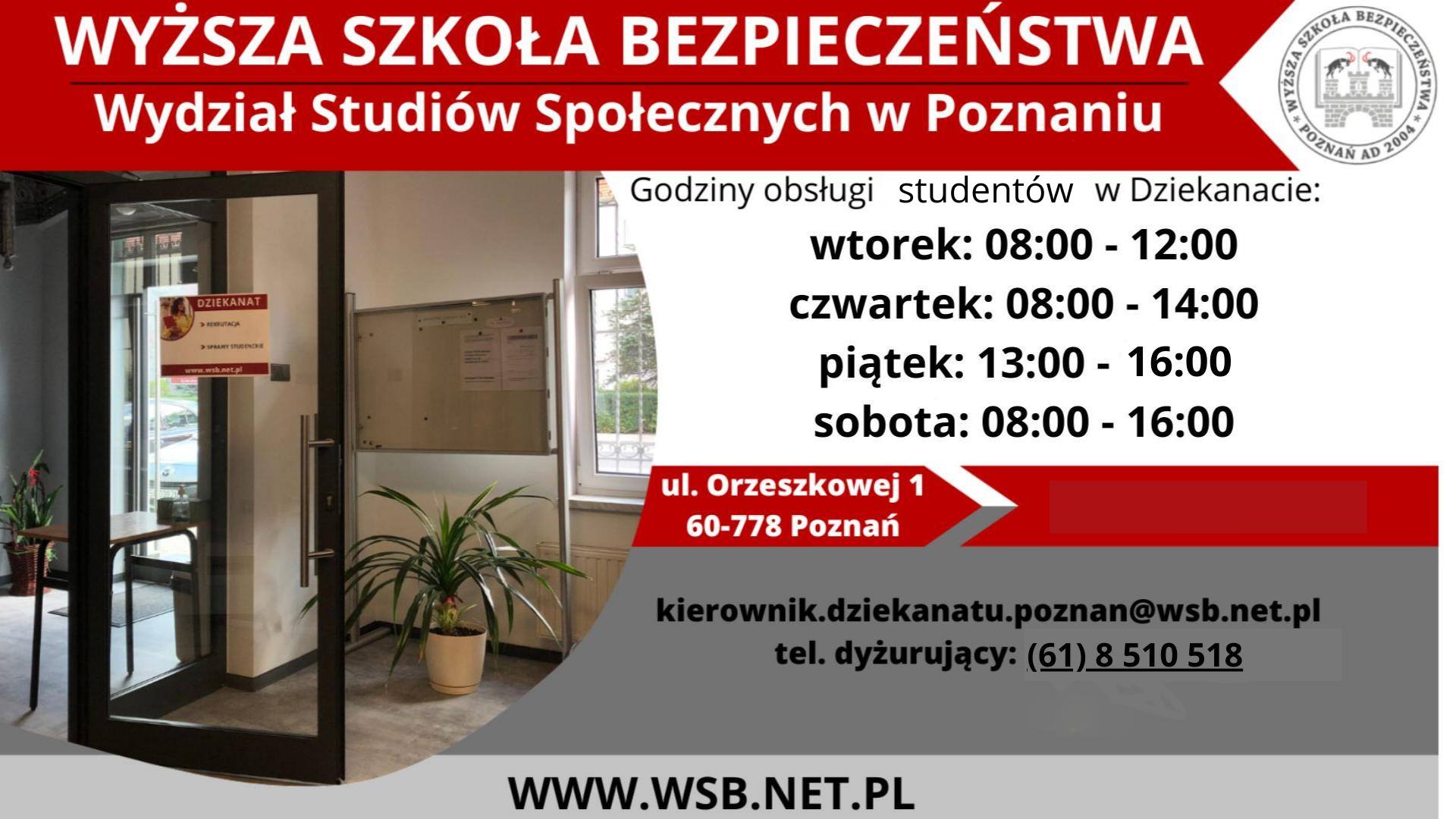 Godziny obsługi studentów w Dziekanacie - WSS Poznań