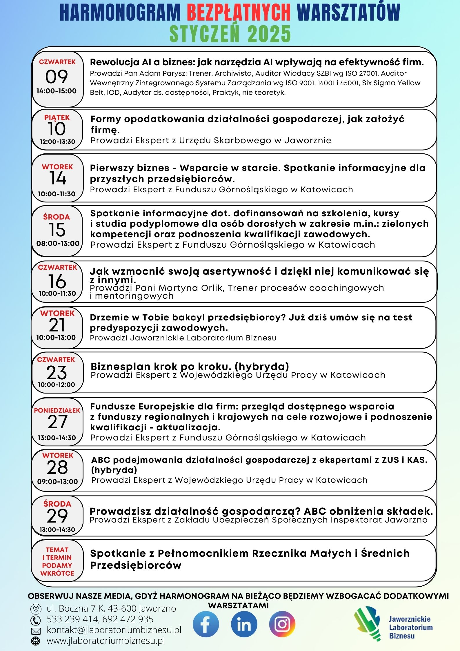 Zaproszenie na bezpłatne warsztaty w Jawornickim Laboratorium Biznesu w styczniu