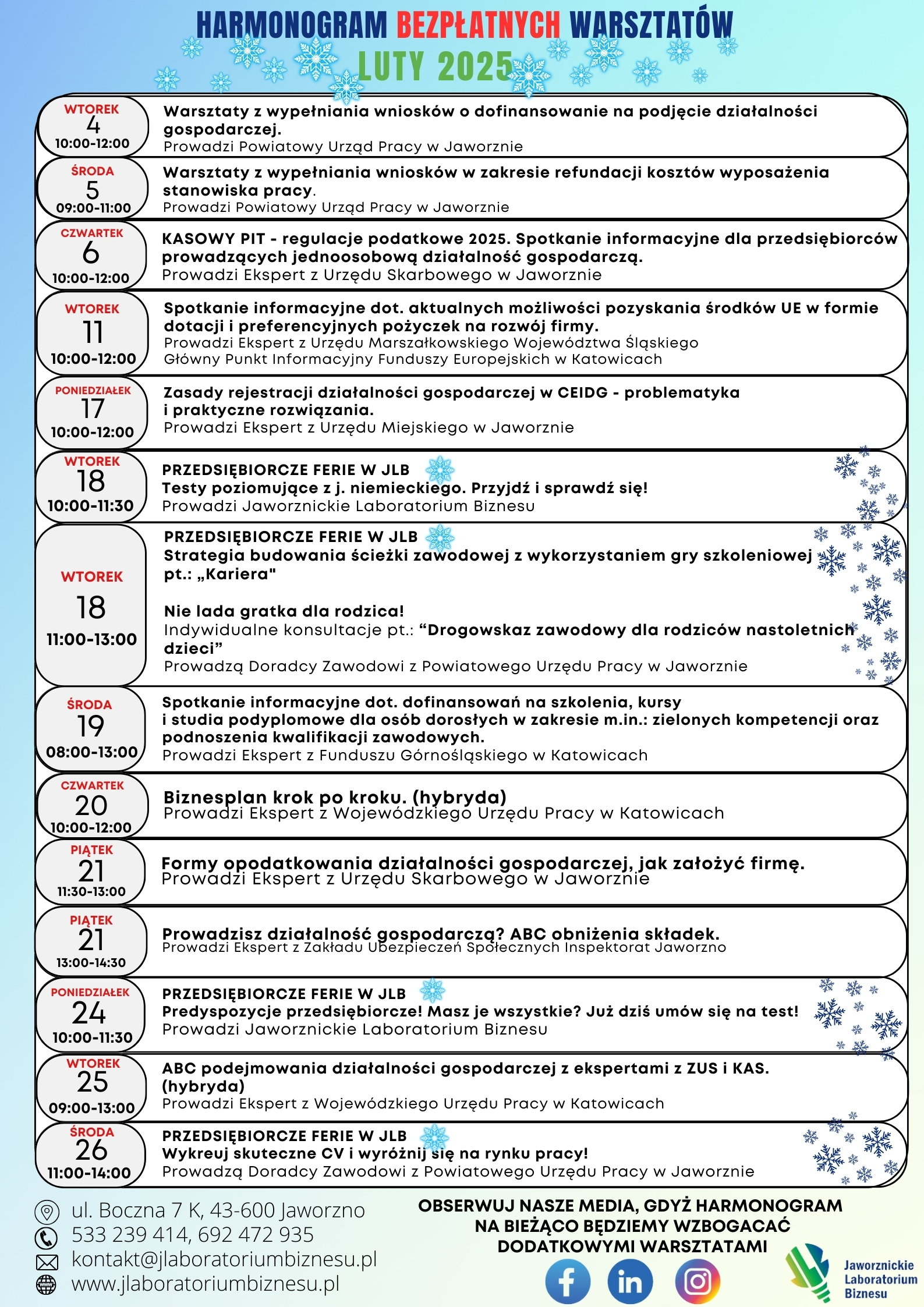 harmonogram na bezpłatne warsztaty w Jawornickim Laboratorium Biznesu w lutym.