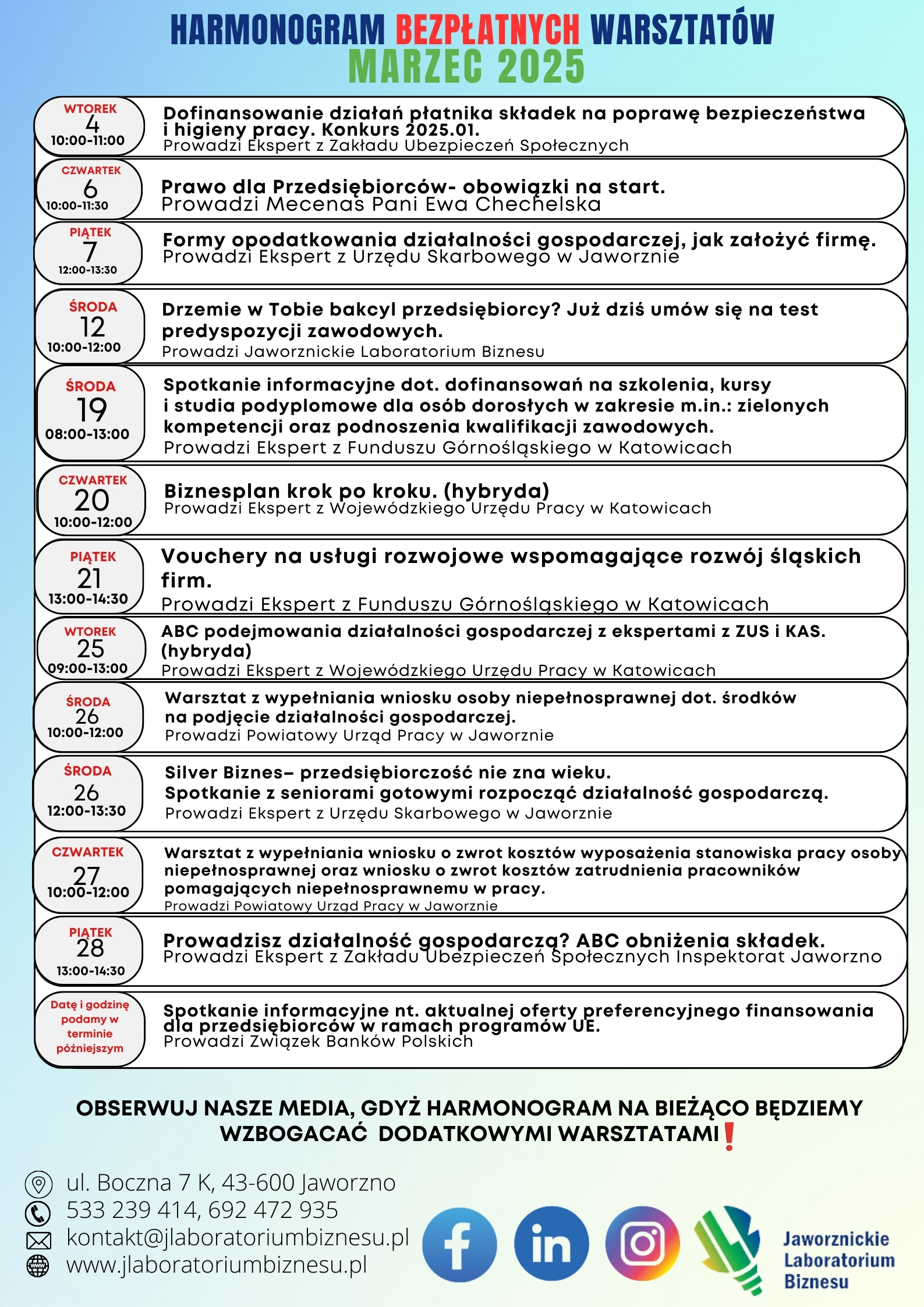 Zaproszenie na bezpłatne warsztaty w Jawornickim Laboratorium Biznesu w marcu